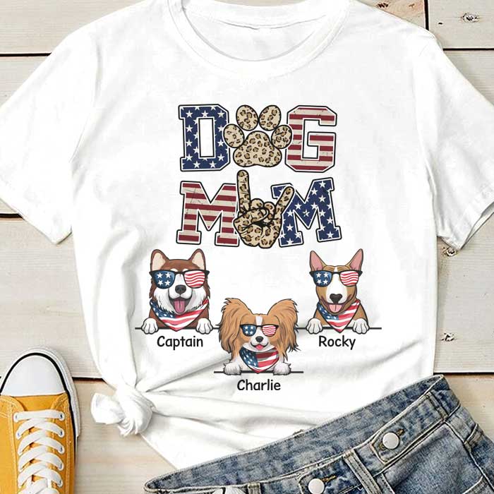 Dog Mom American Leopard - Gift For 4th Of July, Personalized Unisex T-Shirt.