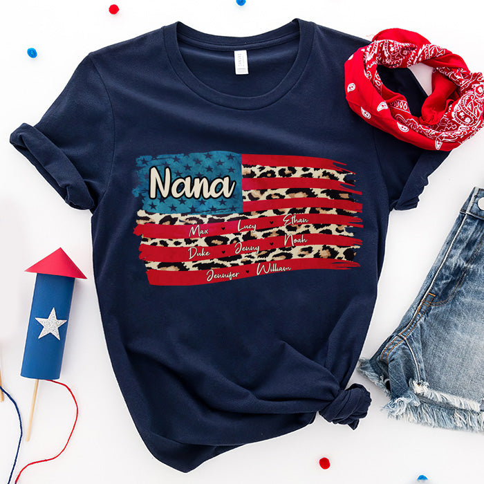 Patriotic Leopard USA Flag Mimi - Gift For 4th Of July - Personalized Unisex T-Shirt.