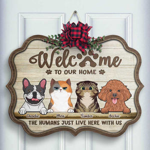 Welcome To Our Home Dog And Cat - Personalized Shaped Door Sign.