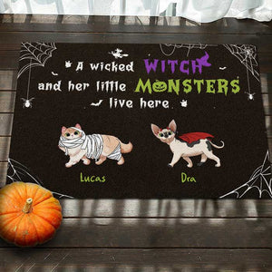 Halloween For Cats - A Wicked Witch And Her Little Monsters Live Here - Personalized Decorative Mat, Halloween Ideas.