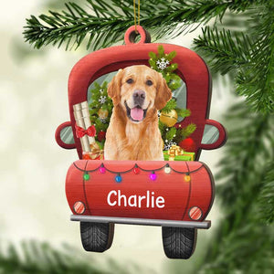 Celebrate Christmas On The Red Truck - Upload Pet Photo - Personalized Shaped Ornament.