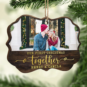 Our First Christmas - Personalized Custom Benelux Shaped Wood Photo Christmas Ornament - Upload Image, Gift For Couple, Husband Wife, Anniversary, Engagement, Wedding, Marriage Gift, Christmas Gift