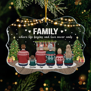 Family Where Love Never Ends - Family Personalized Custom Ornament - Acrylic Benelux Shaped - Christmas Gift For Family Members