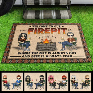 Welcome To Our Firepit Where The Fire Is Always Hot And Beer Is Always Cold - Gift For Camping Couples, Personalized Decorative Mat.