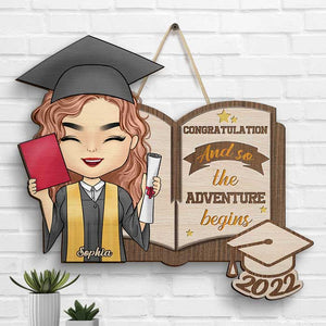 So The Adventure Begins - Personalized Shaped Wood Sign - Graduation Gift