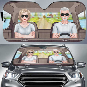 Husband Wife Driving On Road - Personalized Auto Sunshade - Gift For Couples, Husband Wife