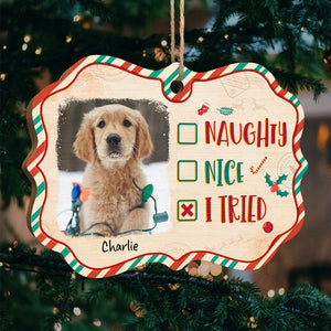 Naughty, Nice, I Tried - Personalized Custom Benelux Shaped Wood Photo Christmas Ornament - Upload Image, Gift For Pet Lovers, Christmas Gift