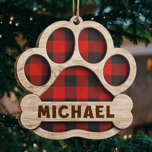 Red Blue Yellow Green Buffalo Plaid Patterns - Personalized Custom Paw Shaped Wood Christmas Ornament - Gift For Dog Lovers, Pet Lovers, Christmas Gift