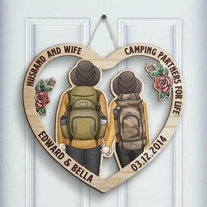 Husband And Wife, Camping Partners For Life - Gift For Camping Couples, Husband Wife, Personalized Shaped Wood Sign.