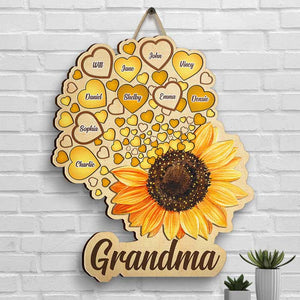 Grandma Kids Sunflower With Heart - Gift For Mom, Grandma - Personalized Shaped Wood Sign