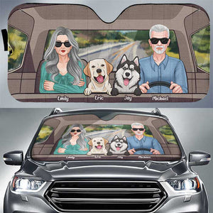 Couple Driving With Dogs - Personalized Auto Sunshade - Gift For Couples, Husband Wife