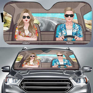 Husband Wife Driving On Road - Personalized Auto Sunshade - Gift For Couples, Husband Wife