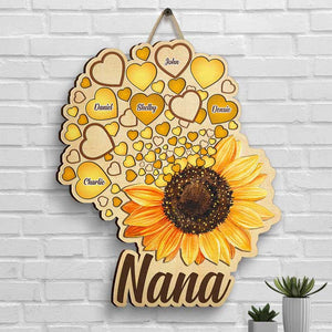 Grandma Kids Sunflower With Heart - Gift For Mom, Grandma - Personalized Shaped Wood Sign