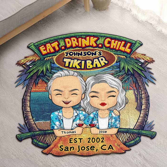 Tiki Bar Eat Drink Chill - Personalized Shaped Decorative Mat - Gift For Couples, Husband Wife
