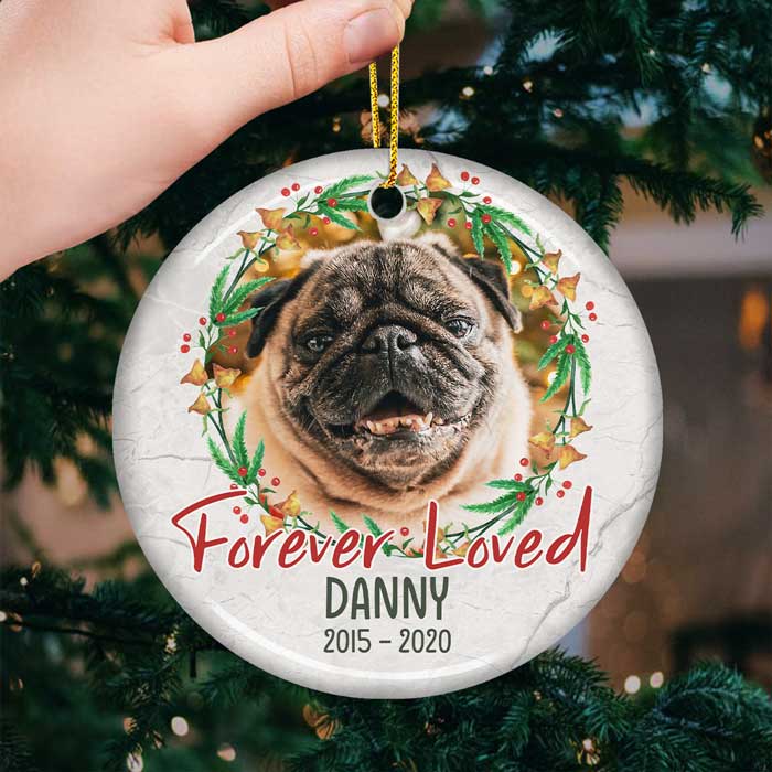 Forever Loved In Loving Memory - Personalized Custom Round Shaped Ceramic Christmas Ornament - Upload Image, Memorial Gift, Sympathy Gift, Gift For Pet Lovers, Christmas Gift