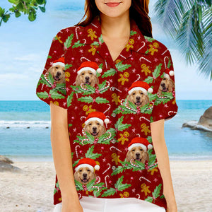 Candy Cane & Gingerbread Pattern - Dog & Cat Personalized Custom Unisex Hawaiian Shirt - Upload Image, Dog Face, Cat Face - Summer Vacation Gift, Gift For Pet Owners, Pet Lovers