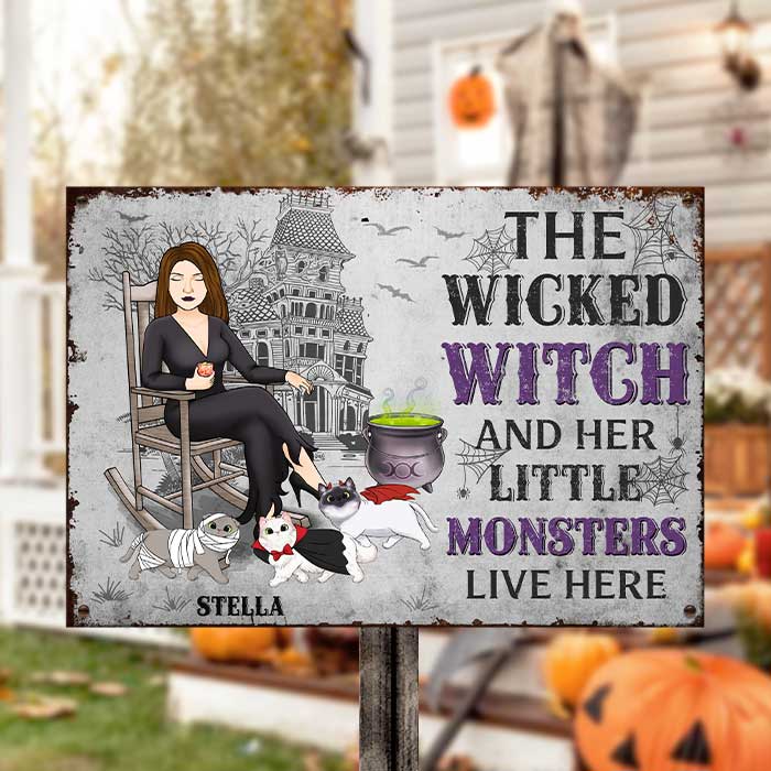 The Wicked Witch & Her Lil Monsters - Personalized Metal Sign - Gift For Pet Lovers, Halloween Gift