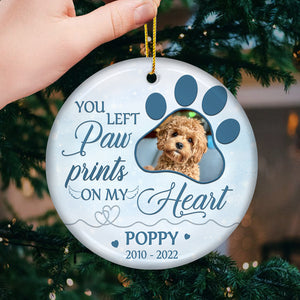 You Left Paw Prints On Our Hearts - Personalized Custom Benelux Shaped Ceramic Photo Christmas Ornament - Upload Image, Memorial Gift, Sympathy Gift, Christmas Gift