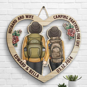 Husband And Wife, Camping Partners For Life - Gift For Camping Couples, Husband Wife, Personalized Shaped Wood Sign.