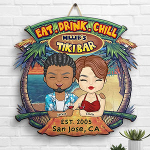 Eat Drink Chill - Personalized Shaped Wood Sign - Gift For Couples, Husband Wife