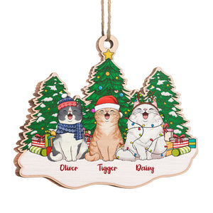Sitting On Snow Christmas Tree - Dog & Cat Personalized Custom Ornament - Wood Unique Shaped - Christmas Gift For Pet Owners, Pet Lovers