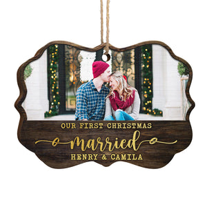 Our First Christmas - Personalized Custom Benelux Shaped Wood Photo Christmas Ornament - Upload Image, Gift For Couple, Husband Wife, Anniversary, Engagement, Wedding, Marriage Gift, Christmas Gift