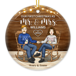 Our First Christmas As Mr. & Mrs. - Personalized Custom Round Shaped Ceramic Christmas Ornament - Gift For Couple, Husband Wife, Anniversary, Engagement, Wedding, Marriage Gift, Christmas Gift