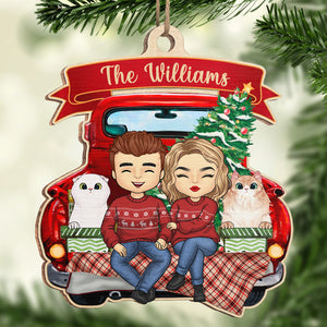 A Happy Couple & Their Dogs Are Sitting On The Back Of A Red Truck - Couple Personalized Custom Ornament - Wood Unique Shaped - Christmas Gift For Husband Wife, Anniversary, Pet Lovers, Pet Owners