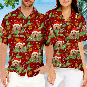 Candy Cane & Gingerbread Pattern - Dog & Cat Personalized Custom Unisex Hawaiian Shirt - Upload Image, Dog Face, Cat Face - Summer Vacation Gift, Gift For Pet Owners, Pet Lovers