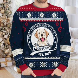 This Human Belongs To - Personalized Custom Unisex Ugly Christmas Sweatshirt, Wool Sweatshirt, All-Over-Print Sweatshirt - Upload Image, Gift For Dog Lovers, Pet Lovers, Christmas Gift