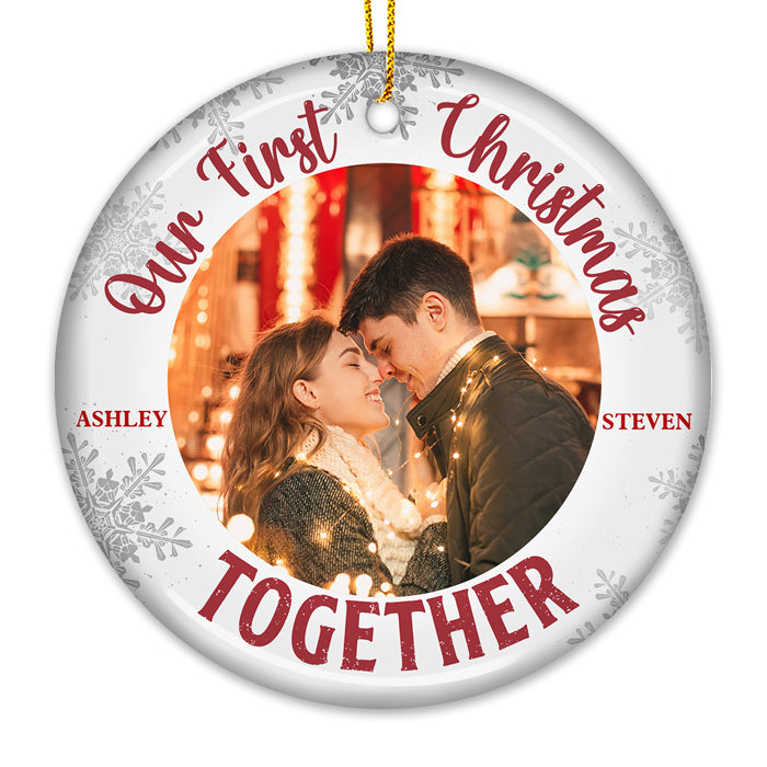 Our First Christmas Together - Personalized Custom Round Shaped Ceramic Photo Christmas Ornament - Upload Image, Gift For Couple, Husband Wife, Anniversary, Engagement, Wedding, Marriage Gift, Christmas Gift