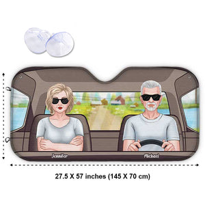 Husband Wife Driving On Road - Personalized Auto Sunshade - Gift For Couples, Husband Wife