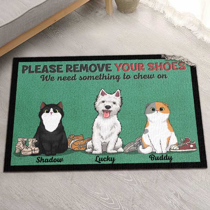 Please Remove Your Shoes, We Need Something To Chew On - Personalized Shaped Decorative Mat - Gift For Pet Lovers, Pet Owners, Pet Gift