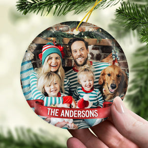 The Love Of Our Family - Personalized Custom Round Shaped Ceramic Photo Christmas Ornament - Upload Image, Gift For Family, Christmas Gift