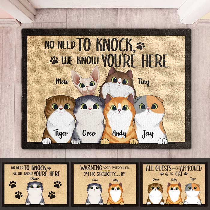 No Need To Knock We Know You're Here Peeking Cat - Funny Personalized Cat Decorative Mat.