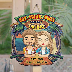 Eat Drink Chill - Personalized Shaped Wood Sign - Gift For Couples, Husband Wife