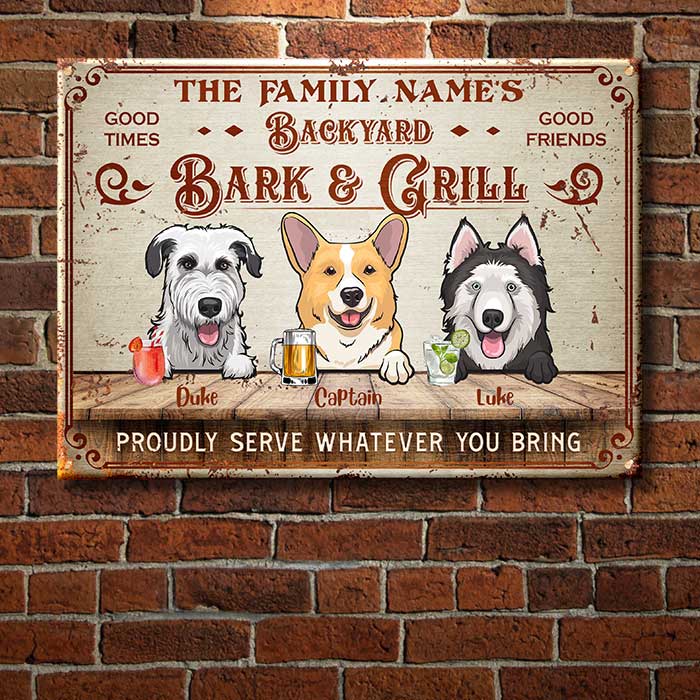 Backyard Bark & Grill - Funny Personalized Dog Metal Sign.
