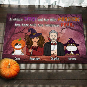 A Wicked Witch And Her Little Monsters Live Here With One Handsome Devil  - Personalized Decorative Mat, Halloween Ideas..
