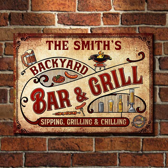 Sipping, Grilling And Chilling - Personalized Metal Sign.