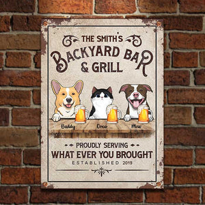 Backyard Bar & Grill With Cats And Dogs - Personalized Metal Sign.