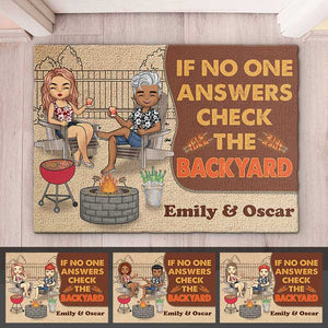 If No One Answers Check The Backyard - Personalized Decorative Mat - Gift For Couples, Husband Wife
