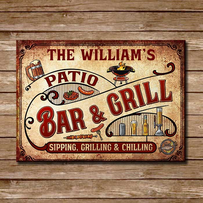 Sipping, Grilling And Chilling - Personalized Metal Sign.