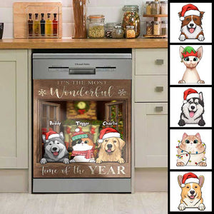 Pets By The Window In The Winter Snow - Personalized Dishwasher Cover.