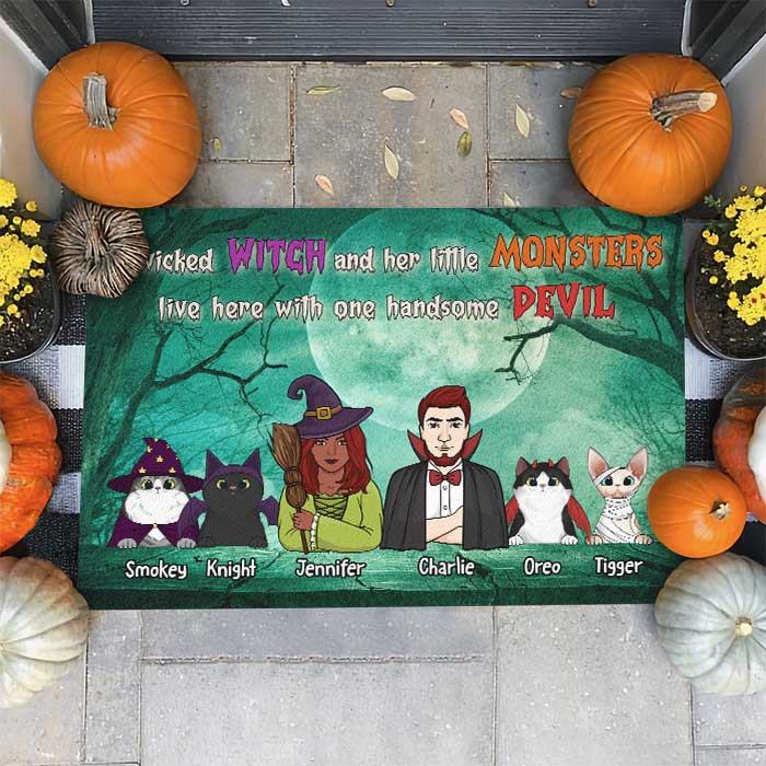 A Wicked Witch And Her Little Monsters Live Here With One Handsome Devil  - Personalized Decorative Mat, Halloween Ideas..