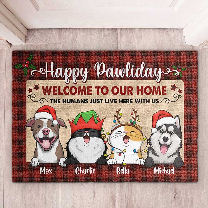 Happy Pawliday - Welcome To Our Home (Dogs & Cats) - Personalized Decorative Mat.