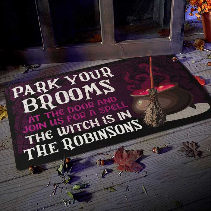 Park Your Brooms At The Door - Personalized Decorative Mat, Halloween Ideas..