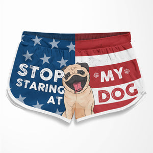 Stop Staring At My Dog - Personalized Couple Beach Shorts - Gift For Pet Lovers