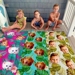 Tropical Leaves And Flowers - Personalized Custom Beach Towel - Upload Image, Gift For Family, Gift For Kids