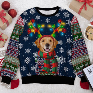 A Pet In Christmas Costume With Colorful Reindeer Antlers - Dog & Cat Personalized Custom Ugly Sweatshirt - Unisex Wool Jumper - Upload Image, Christmas Gift For Pet Owners, Pet Lovers