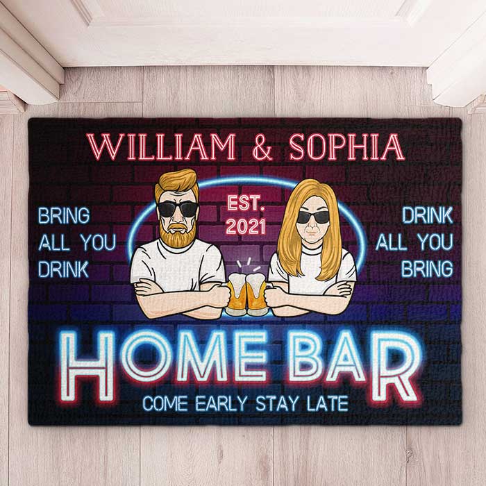 Home Bar Come Early Stay Late - Gift For Couples, Husband Wife, Personalized Decorative Mat.